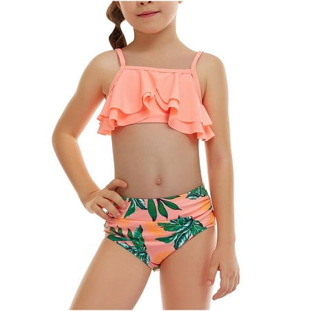 

QIPOPIQ Girls Outfits Clearance Girls Casual Cute Print Double Ruffle Split Swimsuit Beach Two-Piece Set