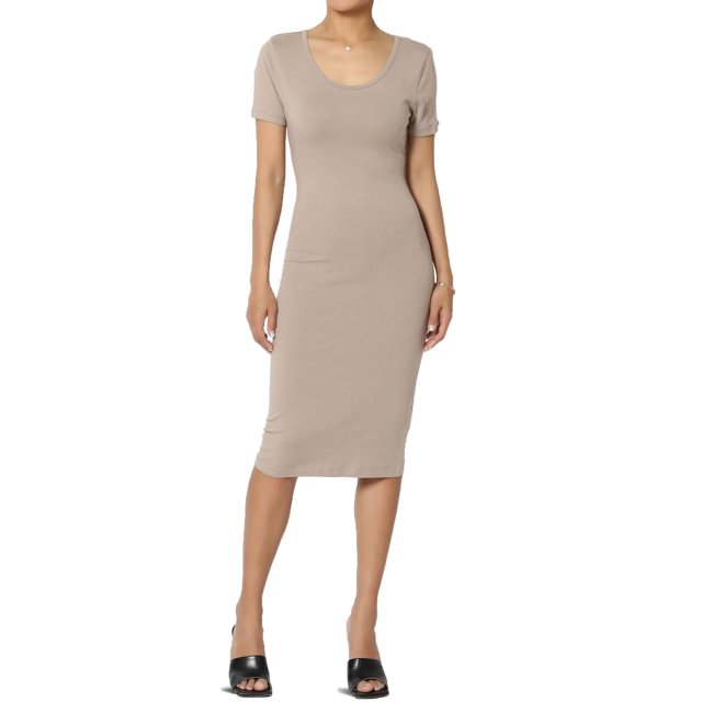 TheMogan Robe Midi Moulante en Jersey de Coton Extensible à Manches Courtes pour Femmes