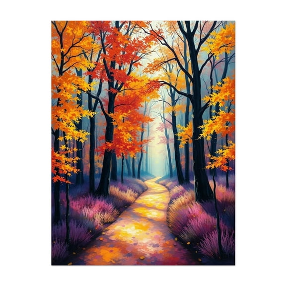 Golden Path Through Autumn Woods - Painting Autumn Forest Landscape Nature Scenic Woodland Mystical Unframed Wall Art Print 5 x 7 inches