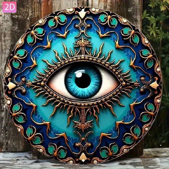 HELLOYOUNG Evil Eye Metal Wall Art Round Aluminum Sign, Greek Design Retro Decor for Home, Garden, Bar, Cafe, Outdoor & Indoor Hanging Decor
