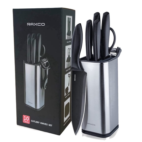 RAXCO Knife Set with Block, 10-Piece Stainless Steel Kitchen Knives, Pro-Sharpened, Space Saving Countertop Holder,Black