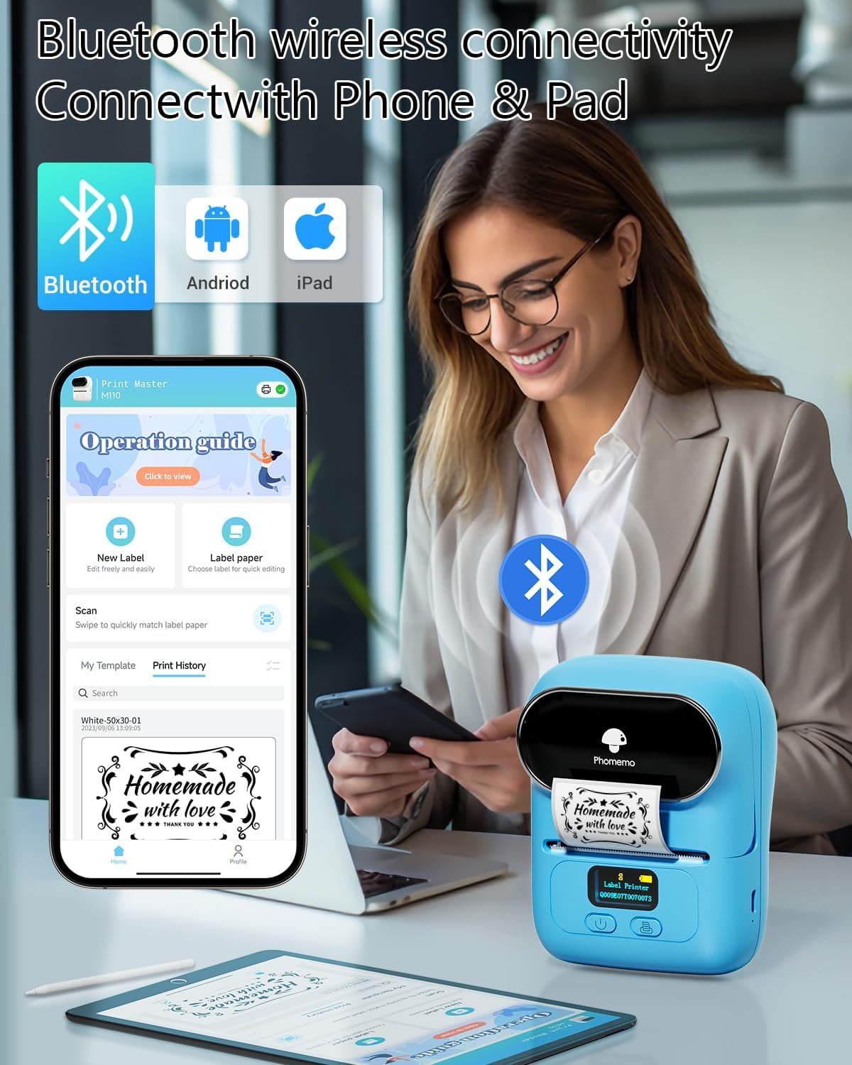 Phomemo M110 Label Printer - Portable Bluetooth Address Label Maker for Small Business, Barcode & Retail, Compatible with Phones & PC (Blue)