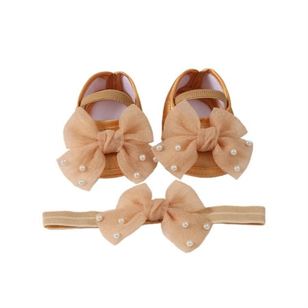 Awevudst Baby Girls Baptism Shoes and Headband Pearl Bow Flats and Hairband