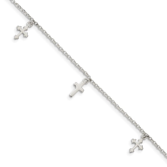 1.5mm Sterling Silver Polished Cross Dangle With 1in Ext Anklet - 2.4 Grams - 9 Inch