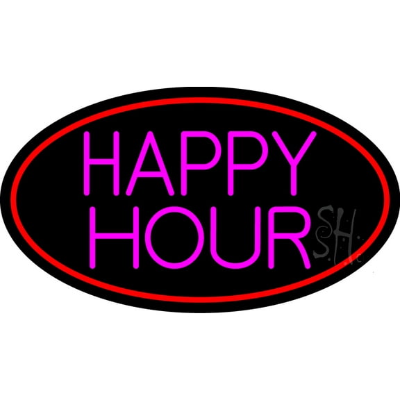 Pink Happy Hour Oval With Red Border LED Neon Sign 20 x 37 - inches, Clear Edge Cut Acrylic Backing, with Dimmer - Bright and Premium built indoor LED Neon Sign for Bar decor.