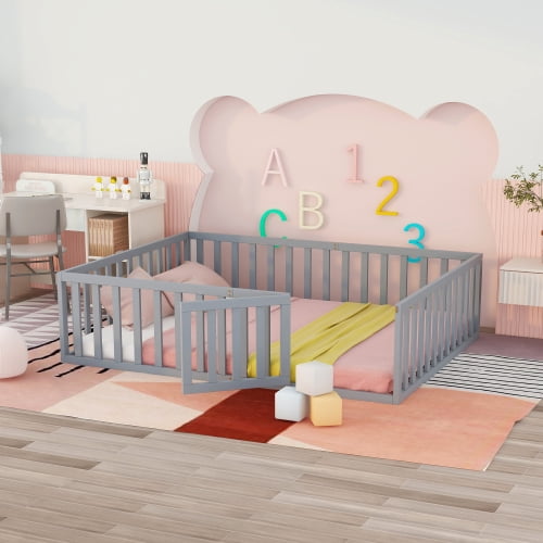 Queen Size Floor Bed for Kids, Montessori Bed Frame with FenceShaped
