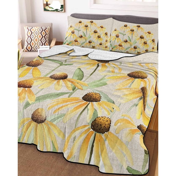 Yellow Spring Floral King Size Down Alternative Comforter,Lightweight Comforter Quilt Bedding Set with Pillow Shams Watercolor Elegant Botanical Rustic All Seasons Bed Comforter Duvet Insert 96"x106"
