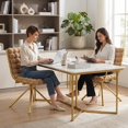 thumbnail image 4 of Set of 2 Velvet Dining Chairs with Unique Ball-Chain Bubble Backrest and Gold Metal Legs, Brown, 4 of 10