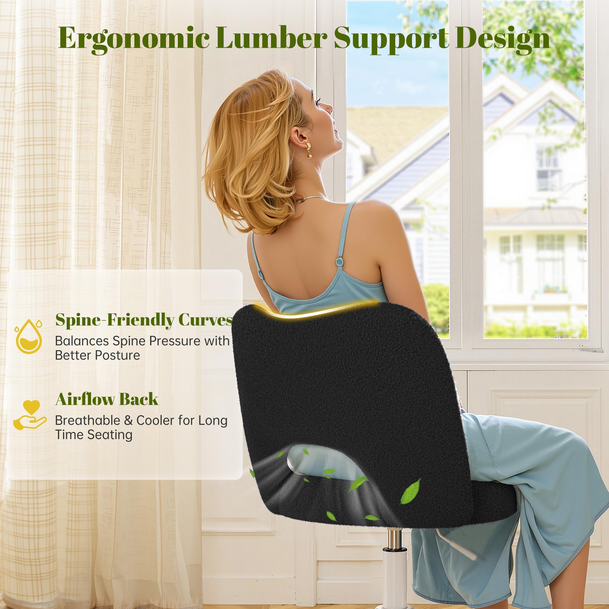 Romorgniz Adjustable Vanity Chair with Backrest Teddy Velvet Swivel Desk Chair with Wheels, Space-Saving Makeup Computer Chair, Black