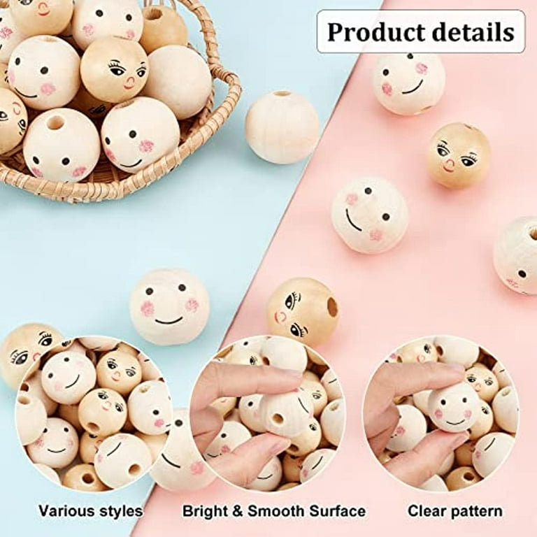 50 Pcs Smiling Face Wooden Beads Schima Wood Beads Round Spacer Painted Wooden Beads with Hole Doll Head Beads DIY Jewelry Finding Macrame Pendant