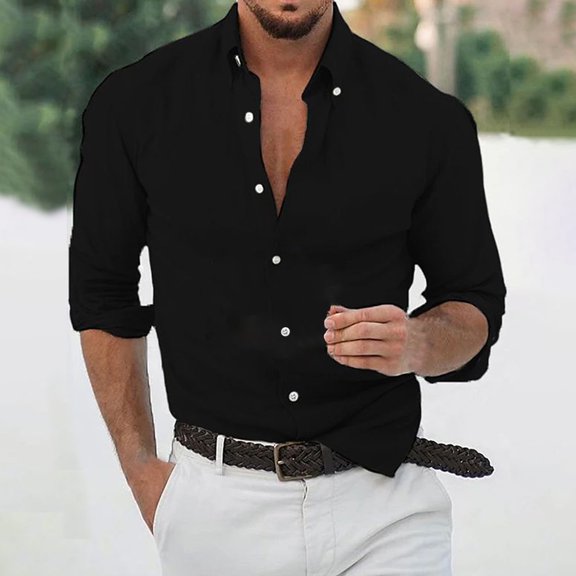 Dwaogom Men's Dress Shirts Stretch Stain Shield Long Sleeve Solid Formal Shirt Business Casual Button Down Shirts Flax Long Sleeve Button Turn-down Solid Color Breasted Shirt Top