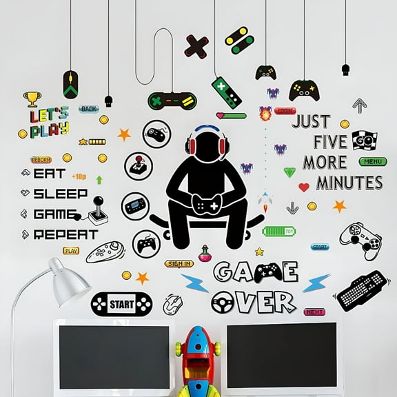 LAMIRO Gamer Wall Sticker Game Room Decor for Boys,Gamer Wall Decals Children Video Game Room,Controller Wall Stickers Removable DIY Cartoon Party Wallpaper for Bedroom Playroom Decor
