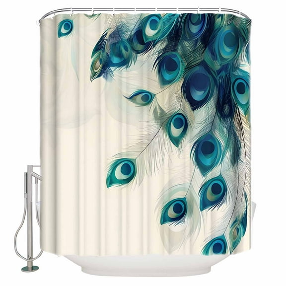 Retro Blue Shower Curtain, 60" x 72", Green Peacock Feathers Abstract Art Waterproof Bathroom Curtain Washable Shower Curtain Set with 12 Hooks