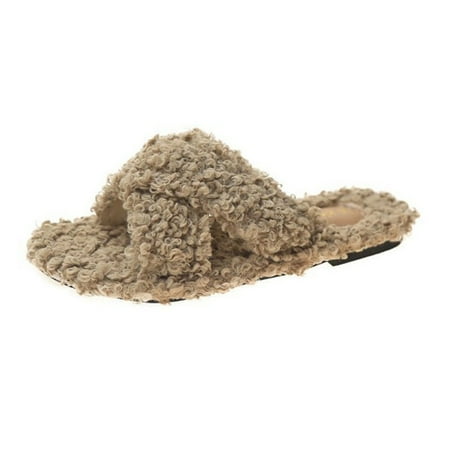 

Fluffy Toe Post Casual Slipper Winter Plush Slippers Cross Strap Flat Bottom Women Casual Slipper Flat Bottom Winter Plush Slippers 42 Khaki
