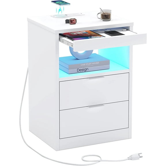 ZALIX Nightstand White Nightstand with Wireless Charging Station 2 Drawers, Modern Bedroom End Side Table with LED Lights, Wooden Sofa Bedside Table with Pull-Out Shelf