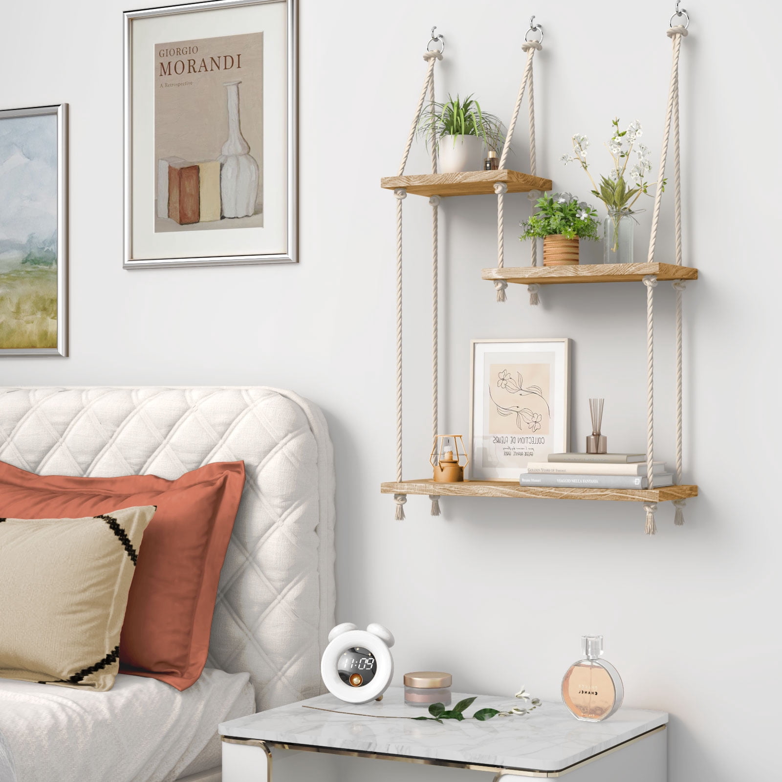 FKS LIFE Hanging Shelves Boho Decorative Wood Sheves for Wall Hanging, Hanging Plant Shelf with Lights Floating Swing Storage Shelves, Indoor Wall Shelf Adjustable Rope