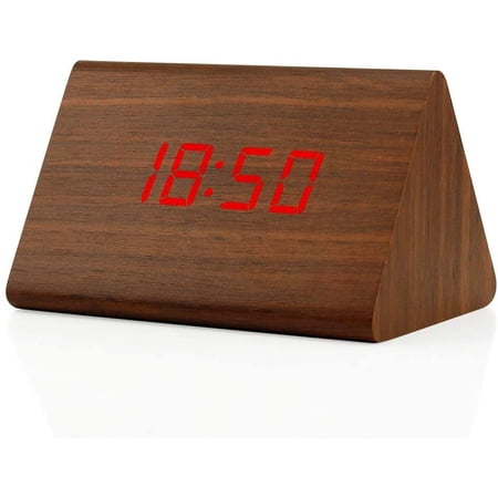 Digital Alarm Clock Wooden Alarm Clock Wood Modern Triangle Alarm Digital Desk Clock, Displays Time Date Temperature Calendar Wood Made Electric Clocks for Bedroom, Bedside - Brown