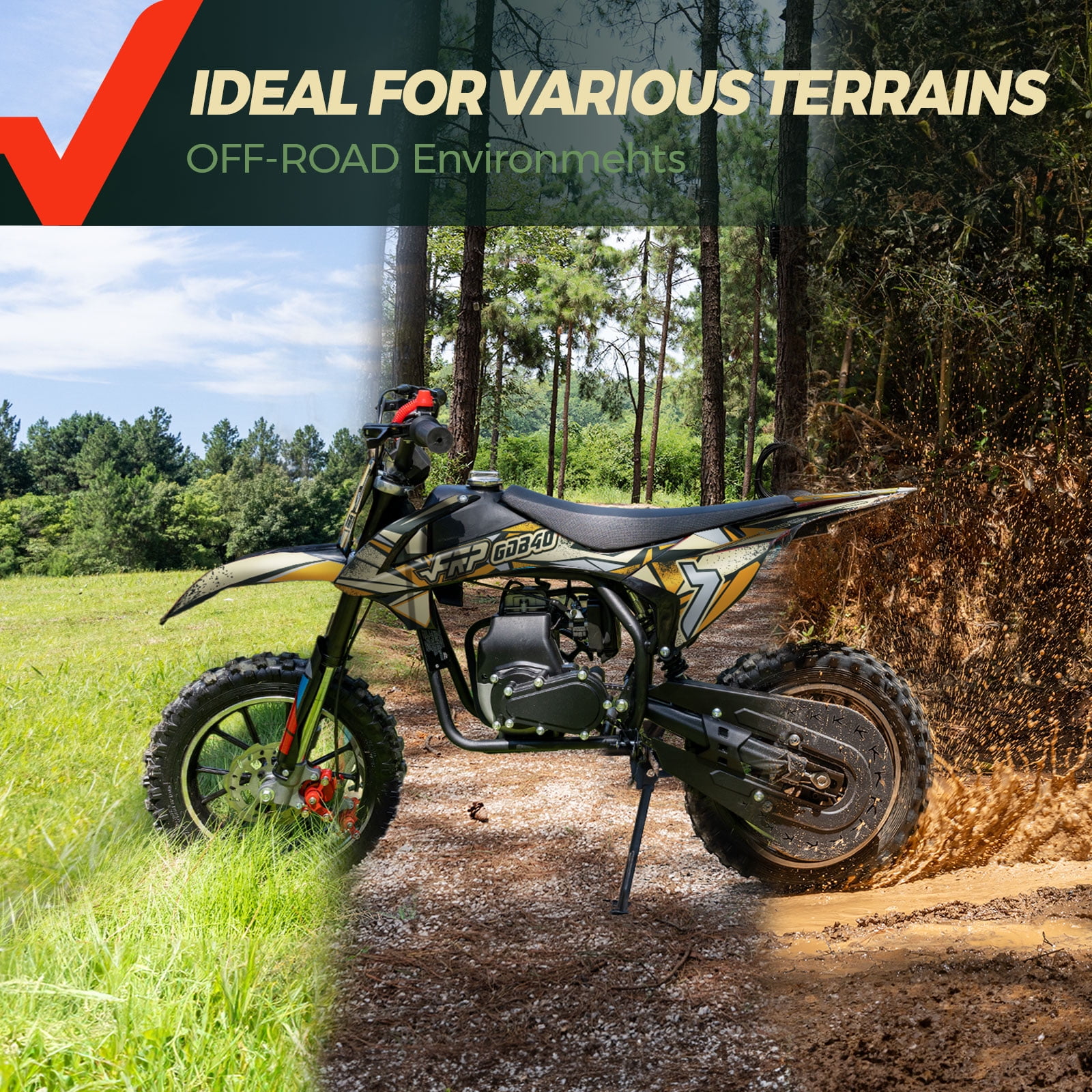 FRP FX40 40cc 4-Stroke Gas Powered Dirt Bike with Training Wheels, Safety Kill Switch, Max Speed 20 MPH, Front & Rear Disc Brakes, Stability Enhancement, EPA Certified - Yellow