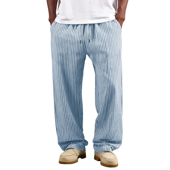 QSAWXQZ Men's Striped Cotton Linen Pants Drawstring Elastic Waist with Pockets Wide Leg Casual Trousers Soft for Everyday and Travel Wear Blue 3XL