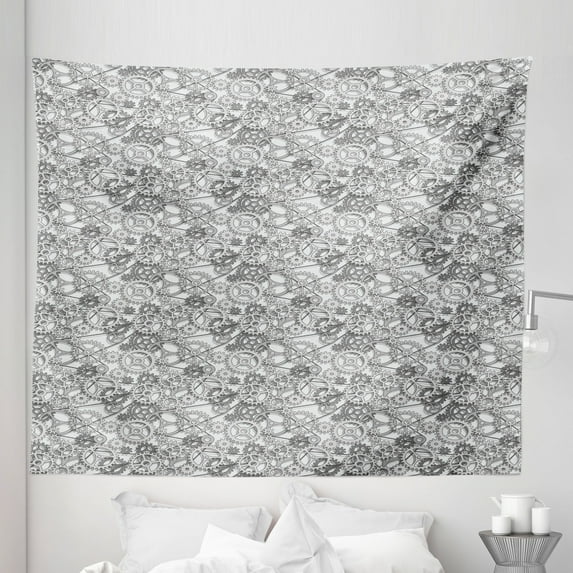 Steampunk Tapestry, Abstract Design of the Grey Toned Gears Working in Harmony Conceptual Image, Fabric Wall Hanging Decor for Bedroom Living Room Dorm, 5 Sizes, Grey and White, by Ambesonne