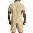 thumbnail image 4 of HBGVBA Men Casual Vintage Linen Elastic Waist Shorts Button Lapel Pocket Short Sleeve Shirt 2 Piece Beach Wear Outfit, 4 of 5