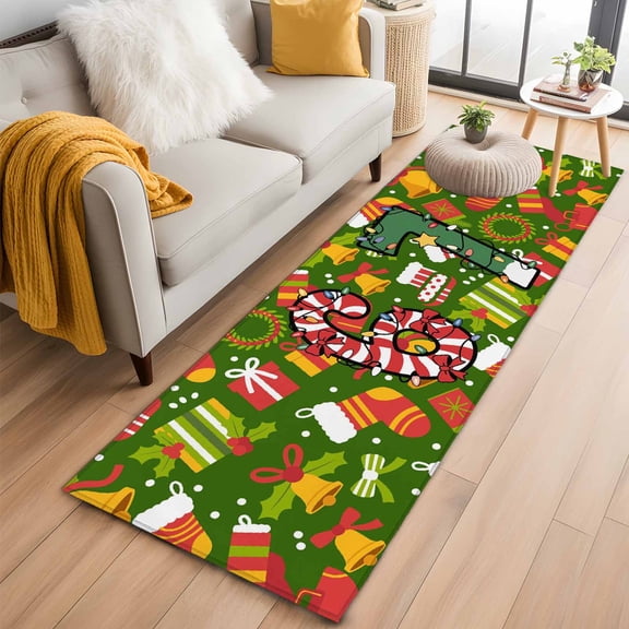 Merry Christmas 2'x6' Runner Rugs for Hallway Kitchen Bedside Non Slip, Winter Xmas Stockings Gifts Cartoon Green Entryway Rug Runners with Rubber Backing, Long Carpet Runner for Laundry Room