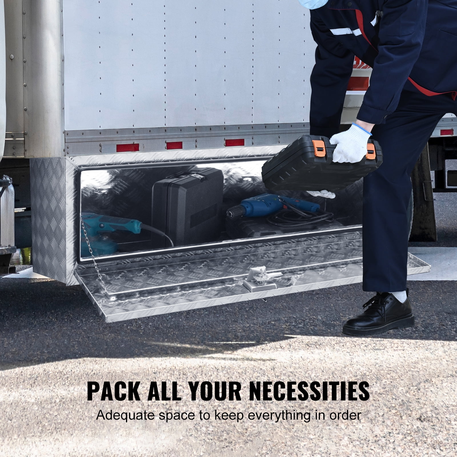 VEVOR Underbody Truck Box, 60"×17"×18" Pickup Storage Box, Heavy Duty Aluminum Diamond Plate Tool Box with Lock and Keys, Waterproof Trailer Storage Box with T-Handle Latch for Truck, Van, Trailer