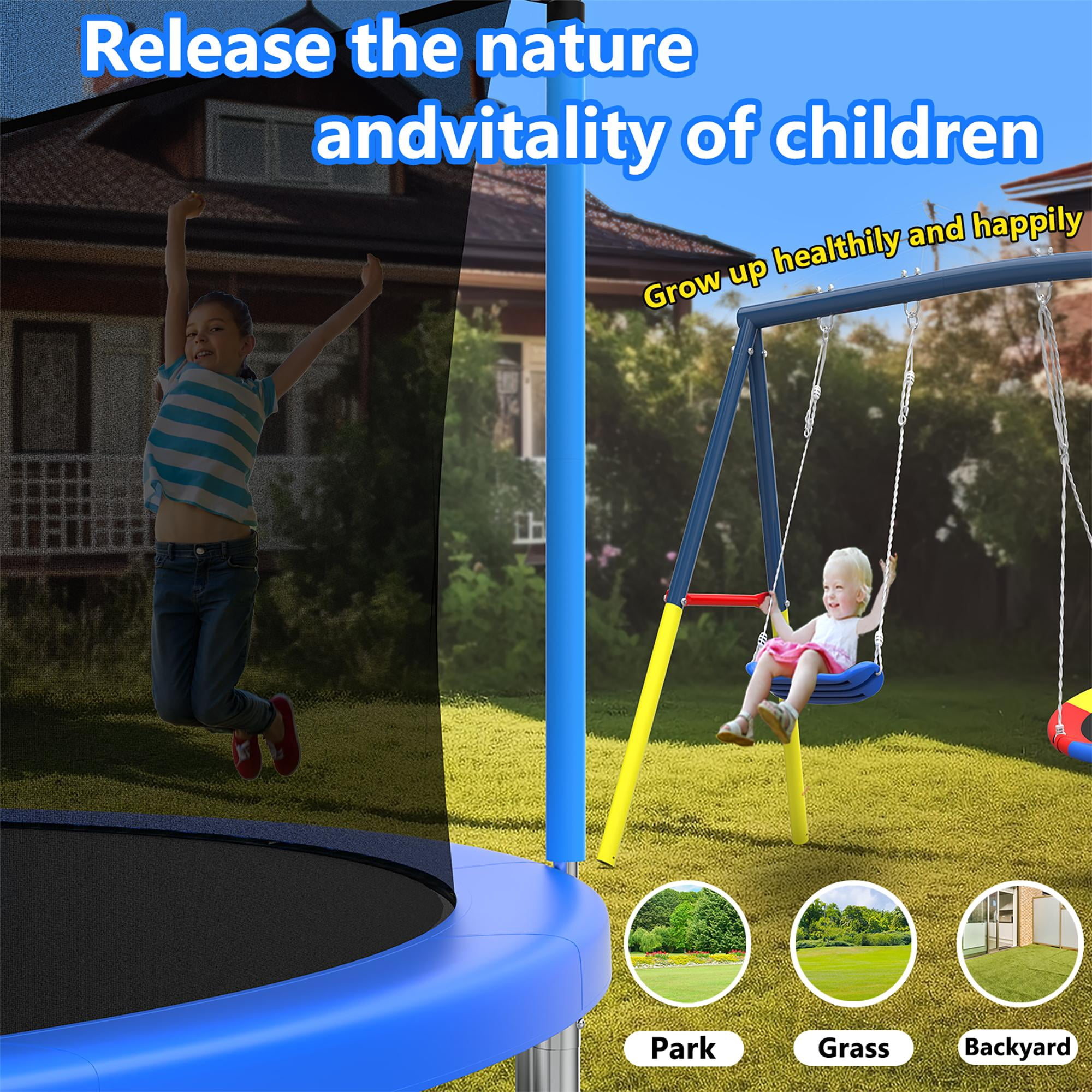 Mersco 14FT Heavy Duty Trampoline with Enclosure Net , Slide Outdoor Big Trampoline for Backyard,Kids Trampoline with Basketball Hoop,Birthday and  Holiday Gifts for Kids,Green