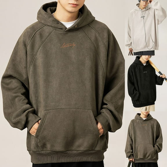 safuny Men's Fashion Solid Color Pullover Crew Neck Sweatshirts Loose Hoodies Suede Shirts Big&Tall Long Sleeve Tops Pockets Casual Retro Cotton Workout Green L