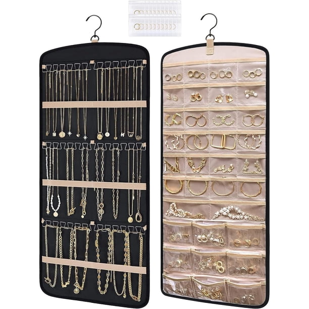 Organizador de joyas colgantes, soporte para collar y arete, con 20 bolsas de joyería, rollo de almacenamiento de viaje con bolsillos para colgar en el clóset, pared, puerta, 1 pieza, grande, negro