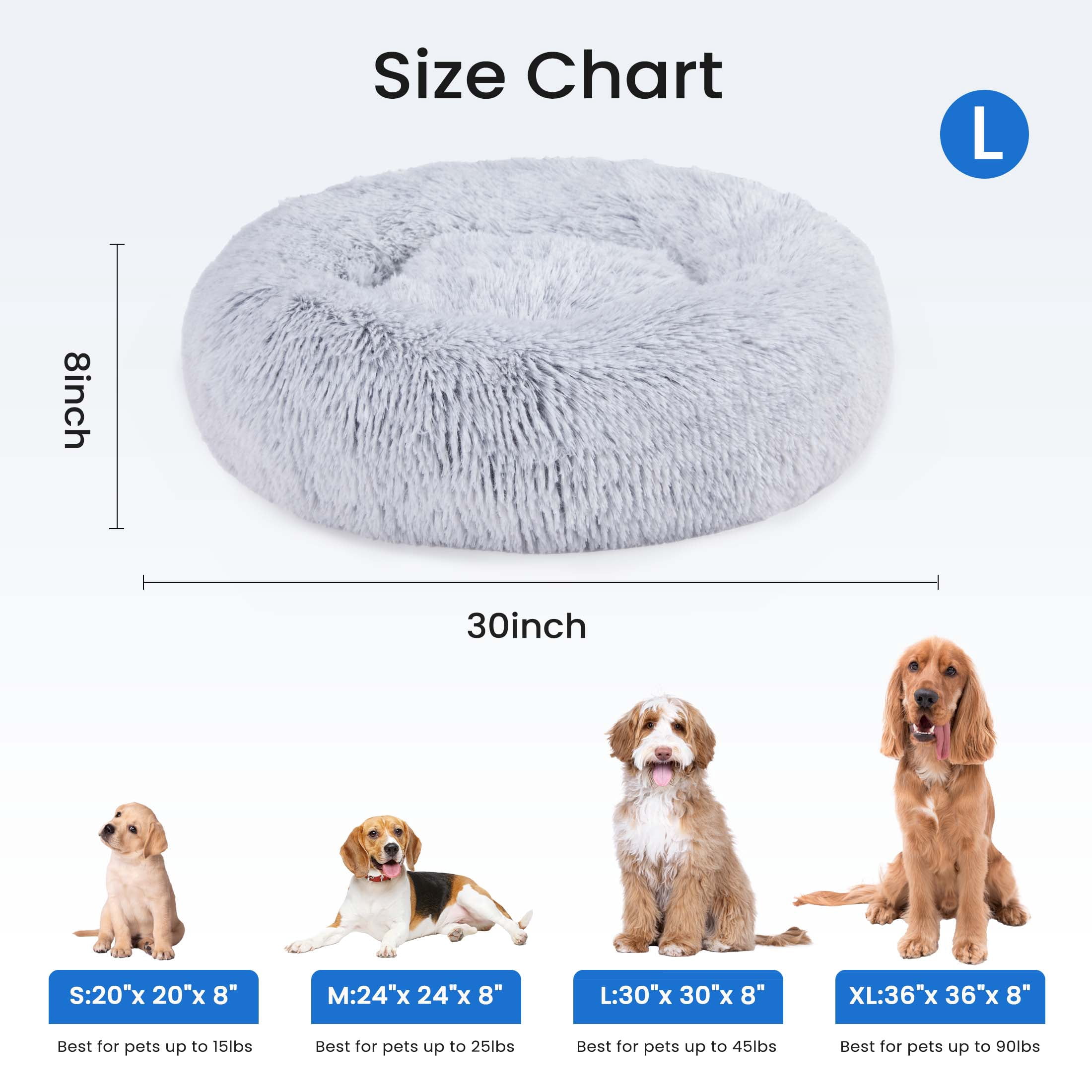 edx Calming 30" Donut Dog Bed for Large Dogs/Cats, Soft Warm Cozy Plush Round Fluffy, Machine Washable, Gray