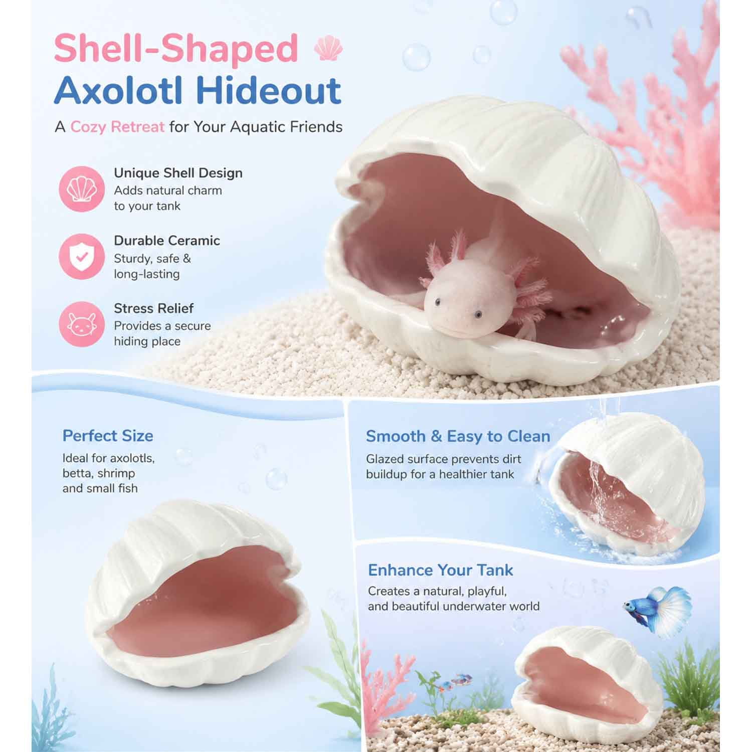 Extra Large Shell Shape Double Sided Glaze Axolotl Hide Ceramic Fish Tank Cave, Fish Tank Decor Shelter for Small Pet Frog Fish Betta