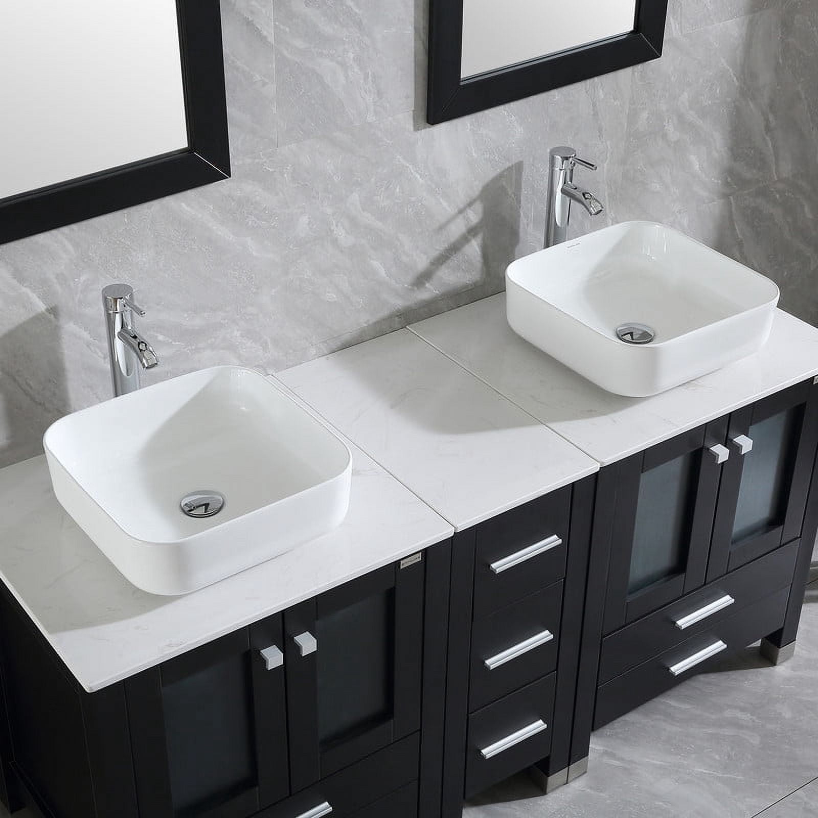 Wonline 60" Luxurious Bathroom Vanity and Sink Combo Wood Cabinet Top Round Ceramic Vessel Sink Faucet Drain Combo with Mirror Vanities Set,Black
