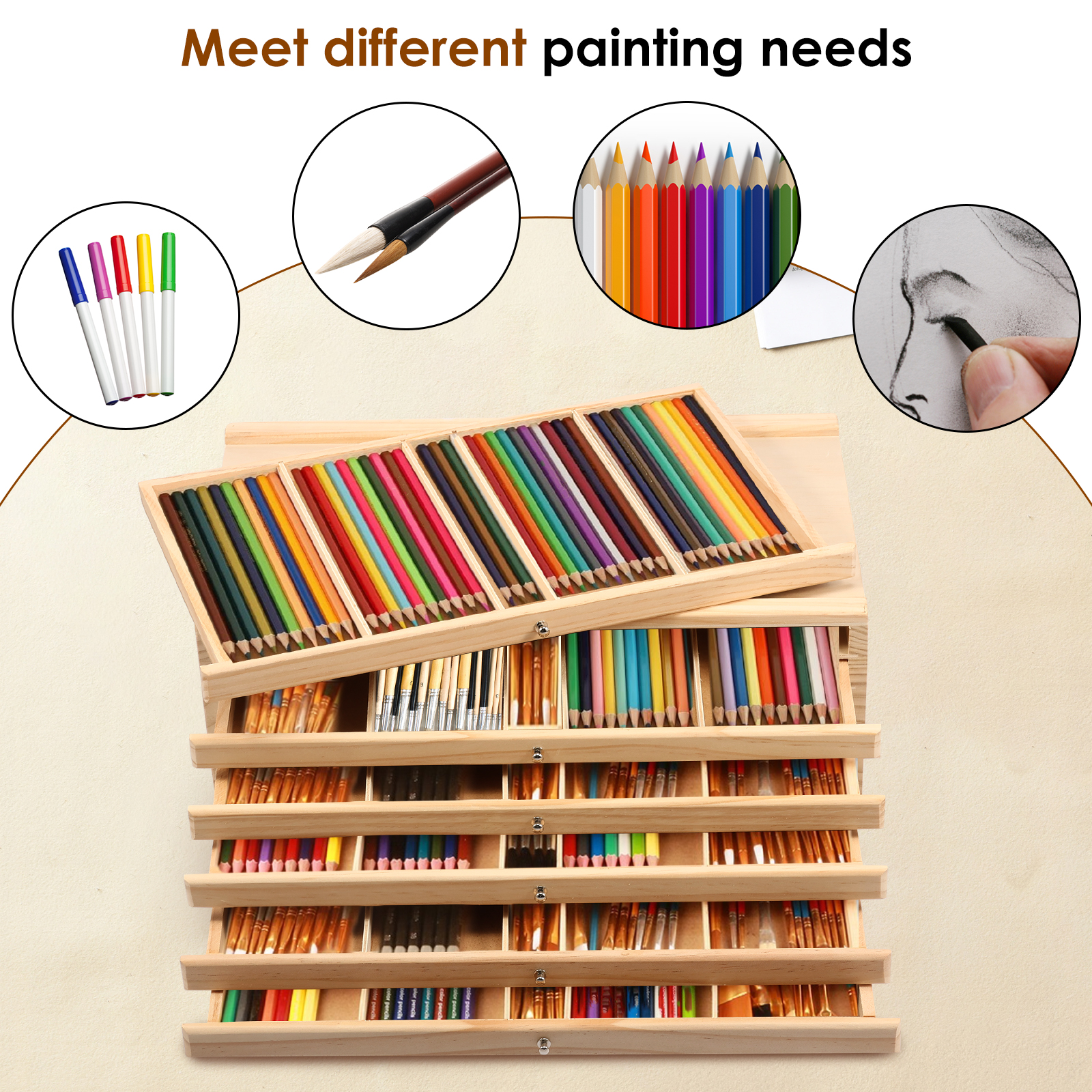 Threns 4/6 Drawer Wooden Artist Supply Storage Box Multifunction Wood Art Tool Paint Brush Organiser Box for Markers Pencils Pens