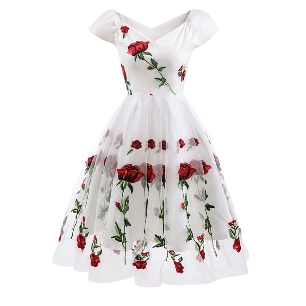 Mujeres Vintage Rose Bordado Temperamento V-cuello Sexy Vestido de hilo de red de manga corta Fridja qw4540