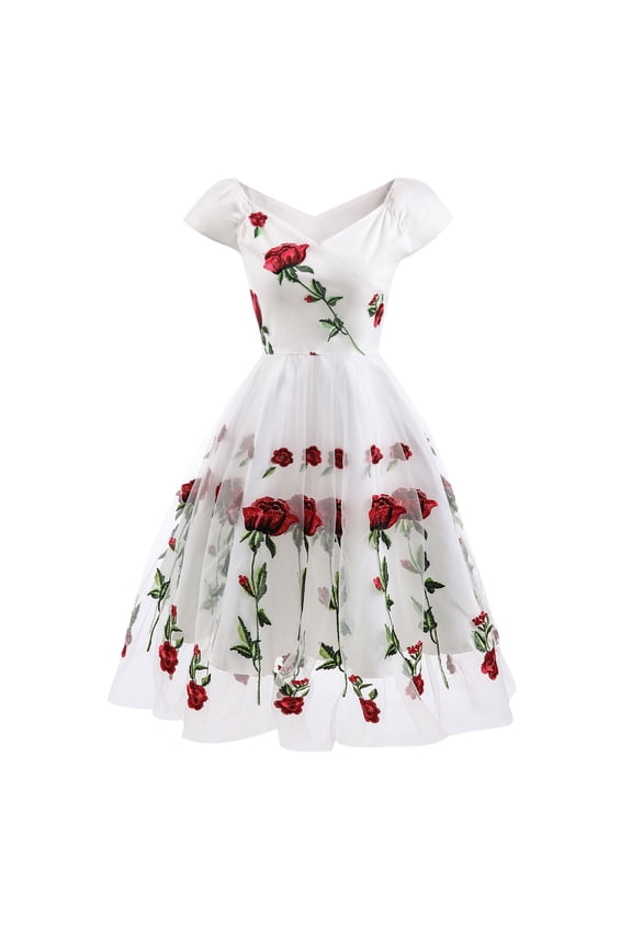 EQWLJWE Women Vintage Rose Embroidery Temperament V-neck Sexy Short-Sleeved Net Yarn Dress