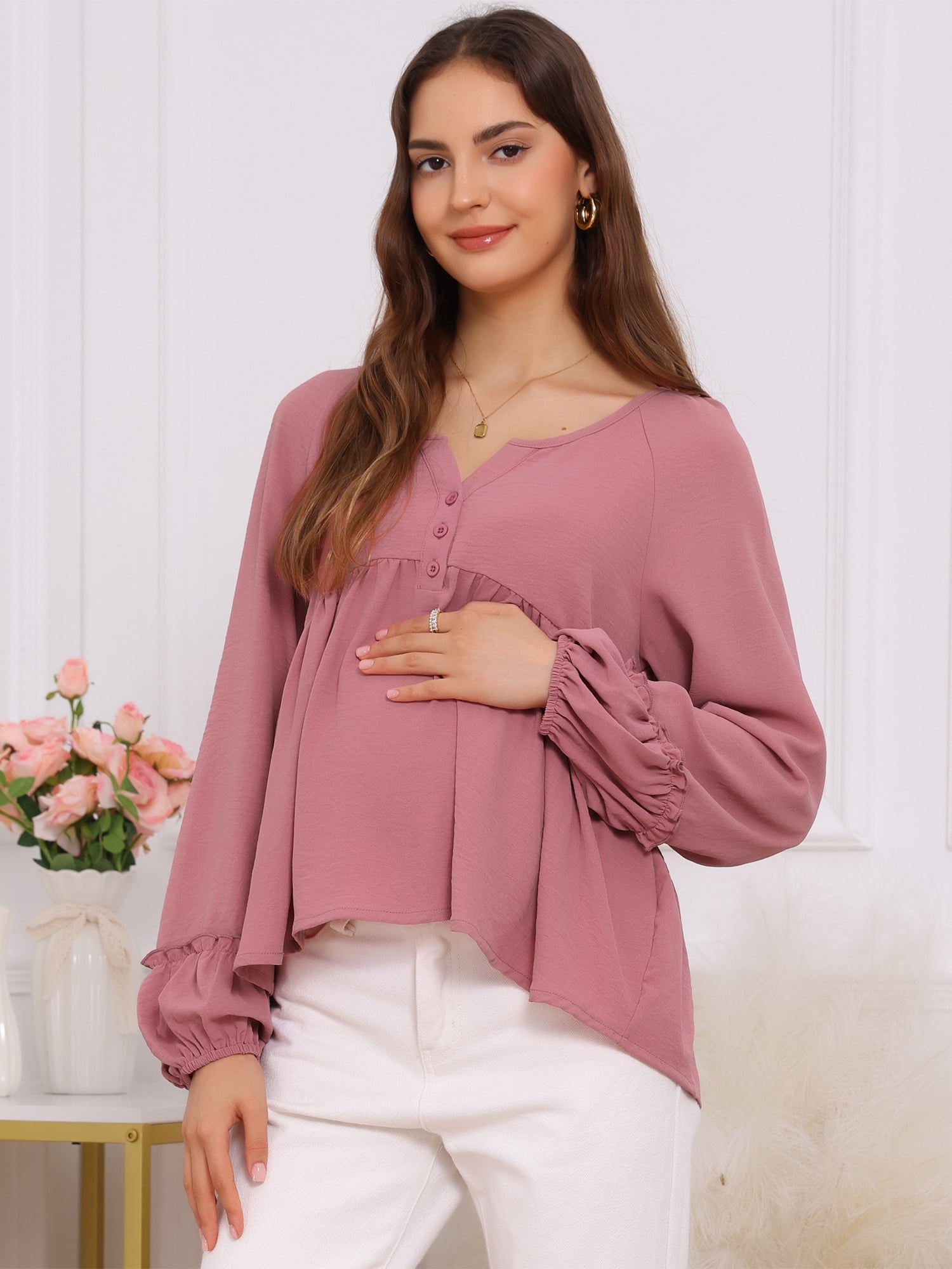 DARING DIVA Women's Maternity Empire Waist Babydoll Lantern Sleeve Blouse XL Pink