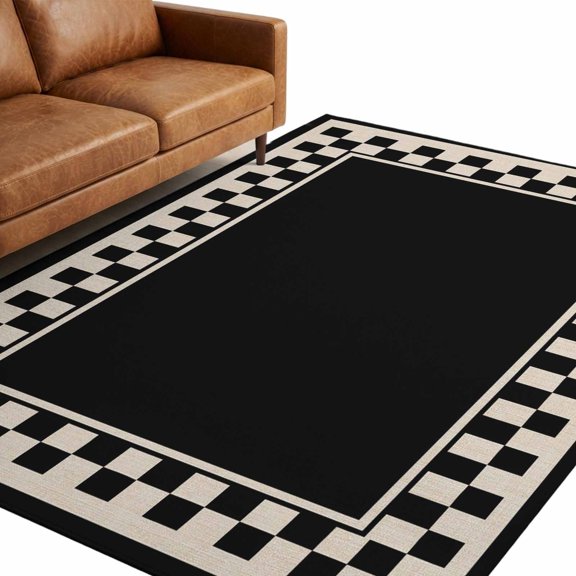 Black Square Area Rug 5x7ft Graphic Retro Black Khaki Checkered Border Non-Slip Washable Rectangle Rugs Soft Felt Indoor Floor Mat for Bedroom Kitchen Living Room Bathroom