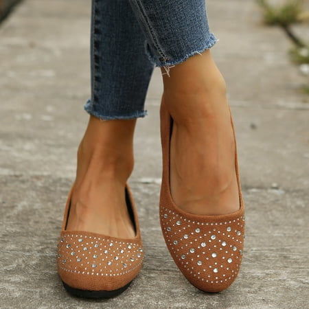 

Summer Saving Clearance AXXD Spring Fall Round Toe Flat Shallow Rhinestone Coffee Fall Dress Shoes For Women Christmas Size 37(US:6)