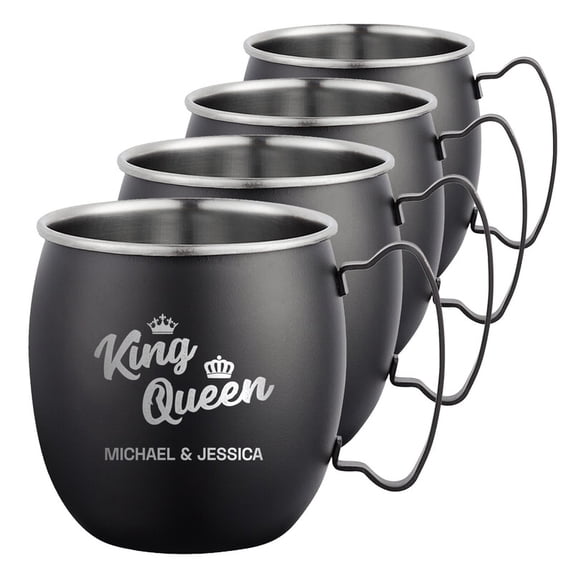 PERSONALIZED Round Custom Family Name Classic Moscow Mule Mug with Engraved Design and Sturdy Handle Rolled Rim, Smooth Black Finish 16 oz, Set of 4, King and Queen