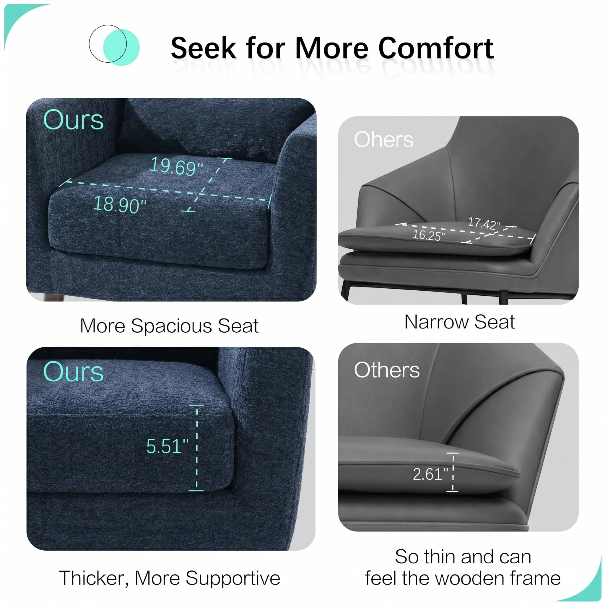 AISWORD Modern Accent Chair, Upholstered Armchair with Pillow, Fabric Single Sofa Chair with Lounge Seat and Wood Legs Accent Chair for Living Room Bedroom Small Spaces, Dark Blue