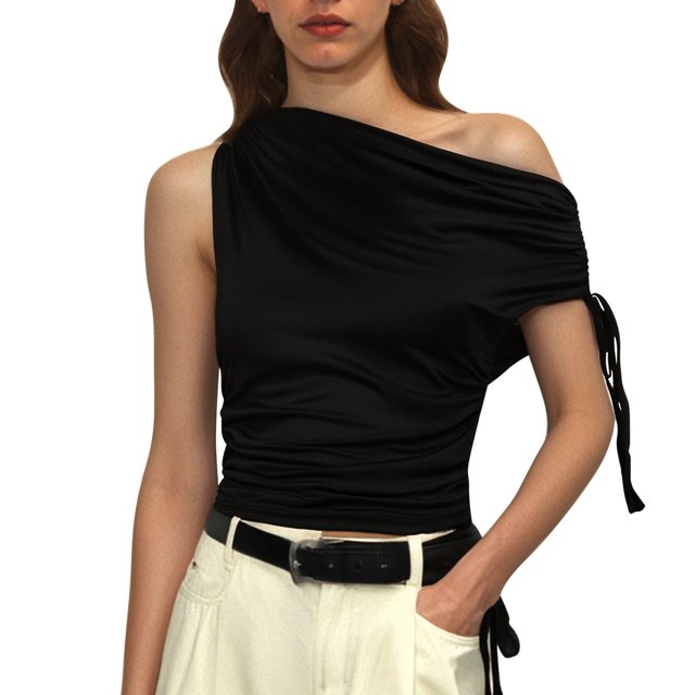 Blusa ajustada con cuello sesgado y pliegues para mujer Elegante