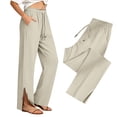 thumbnail image 5 of CYYOLLPF Linen Pants Women Yoga Sweatpants Pull on Pants Workout Pants Gaucho Pant Business Work Pants with Pockets Pleated Capri Cotton Linen Sweatpants Cropped Linen Pants Women Beige L, 5 of 7