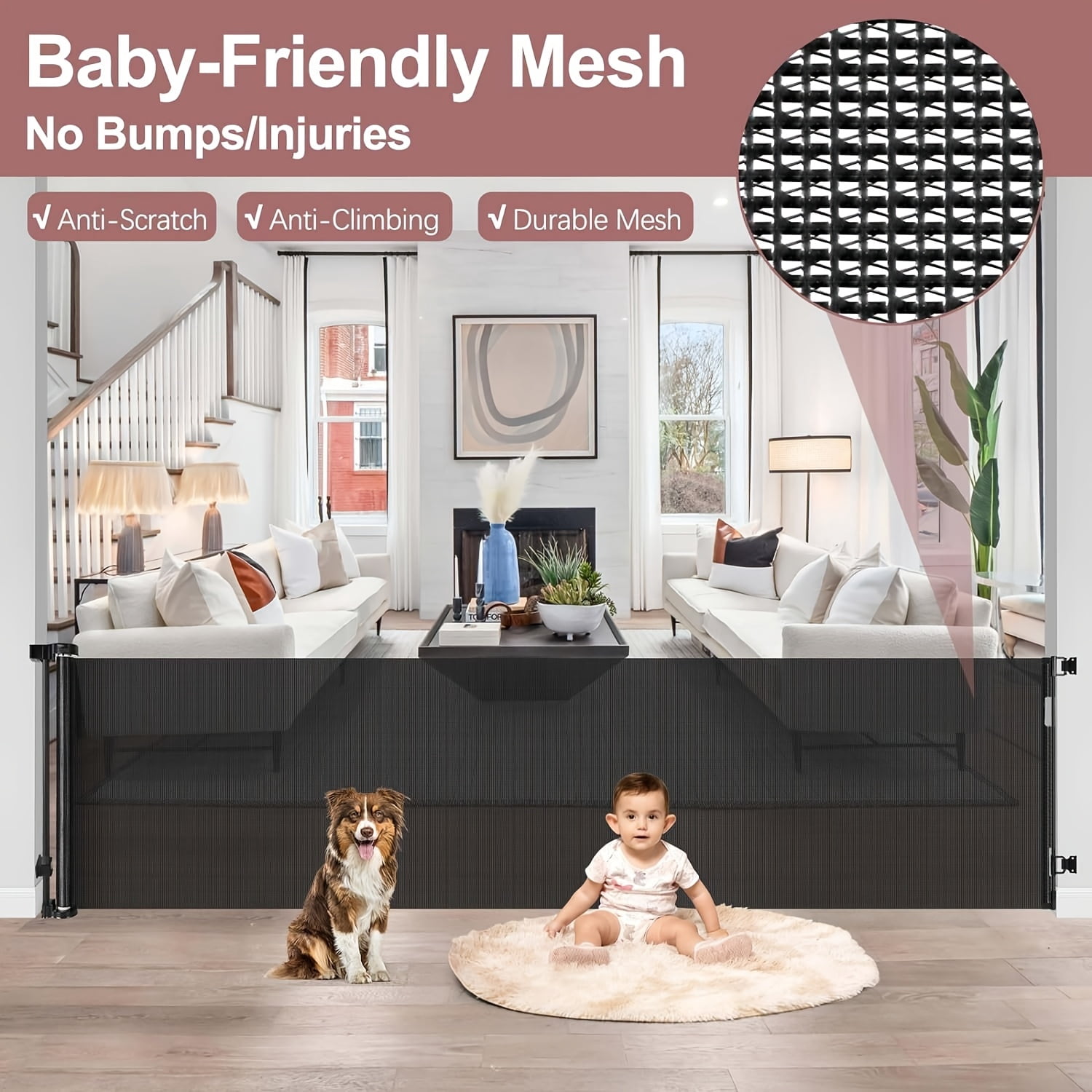 120inch Portable Mesh Safety Gate - Foldable, Easy-Install, Stair, Doorway, Hallway And Pet Gate for Dogs Safety, Secure And Convenient Barrier for, Pets