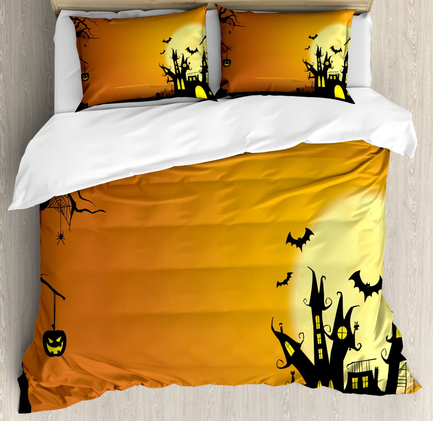 Halloween Duvet Cover Set Queen Size, Gothic Haunted House Bats Western