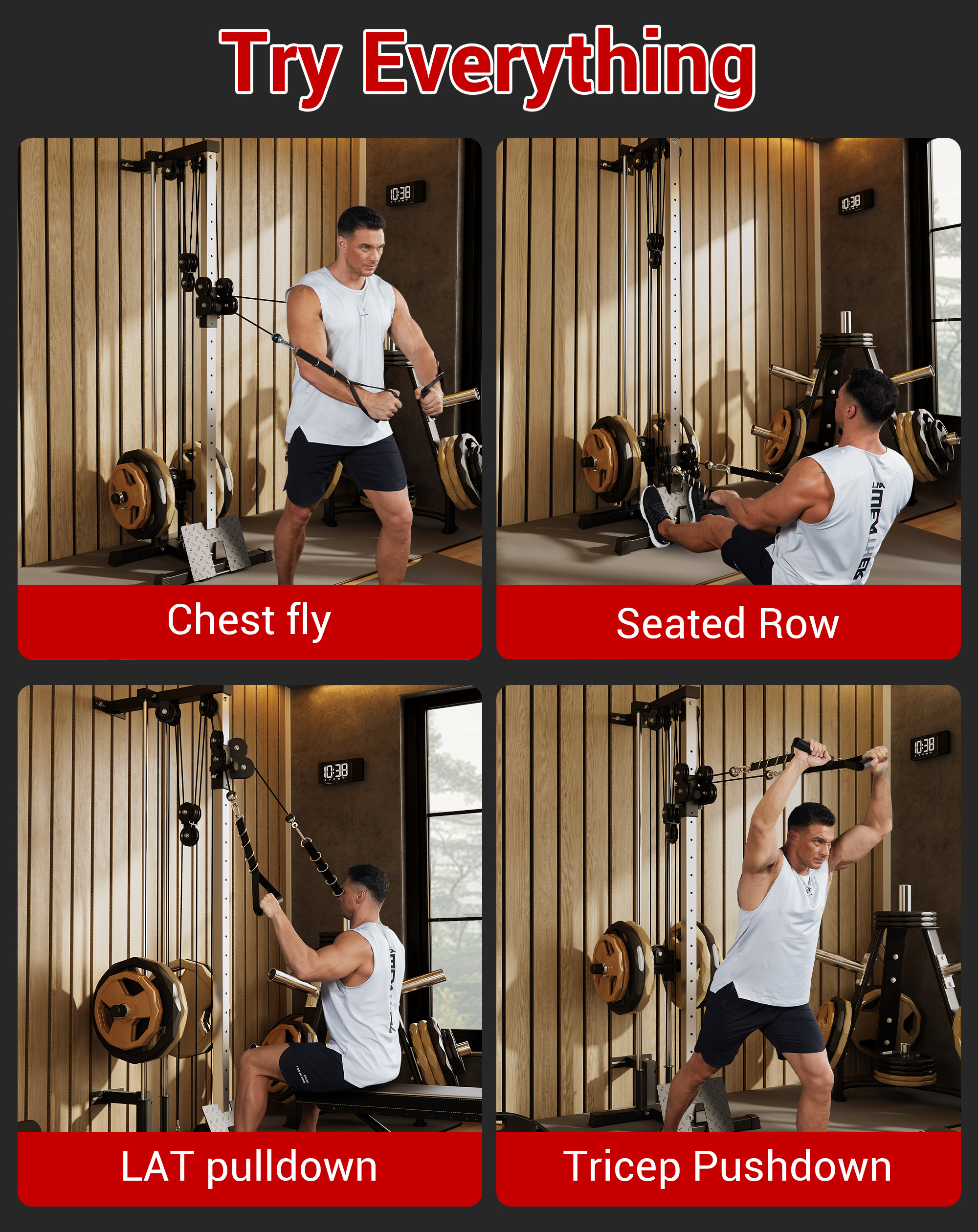JoanKaren Cable Crossover Machine, Wall Mount LAT Pull Down Machine with 19 Positions Dual Pulley System,Home Gym Station