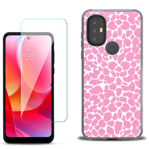 Slim-Fit Gel TPU Phone Case for Motorola Moto G Power 2022, with Tempered Glass Screen Protector, by OneToughShield ® - Giraffe/Pink