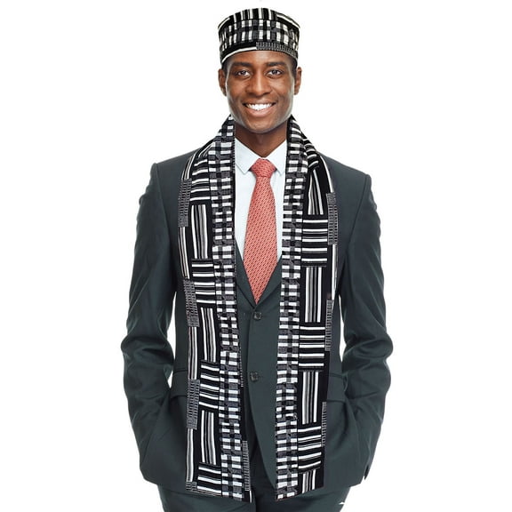 Black and white Kente African Print Hat and Stole/Sash/Scarf