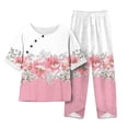 thumbnail image 2 of Linen&nbsp;Set&nbsp;for&nbsp;Women,Summer Workout Sets for Women 2024, Half Sleeve Crew Neck Palid Printed Blouse and Shorts Set Comfy Graphic Casual Outfits, 2 of 4