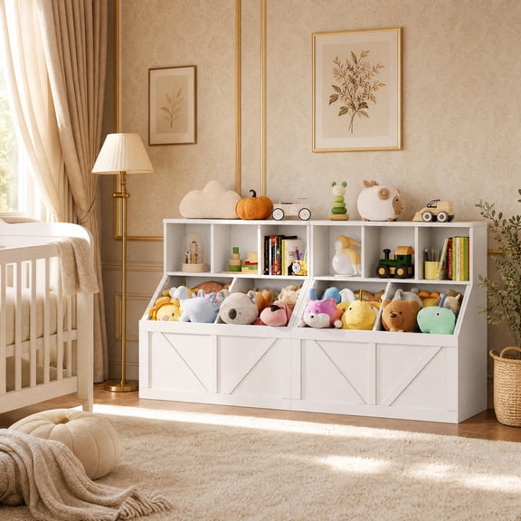 Set of 2 Multi-Zone Storage Kids Bookshelf & Toy Organizer – 35.4" Shelves & Bins, for Playroom Nursery Bedroom